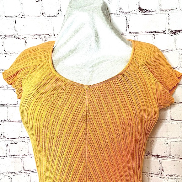 J Jill Stretch Sweater Ruffle Sleeve Ribbon Trim Petite V neck Marigold Like New - Picture 6 of 13